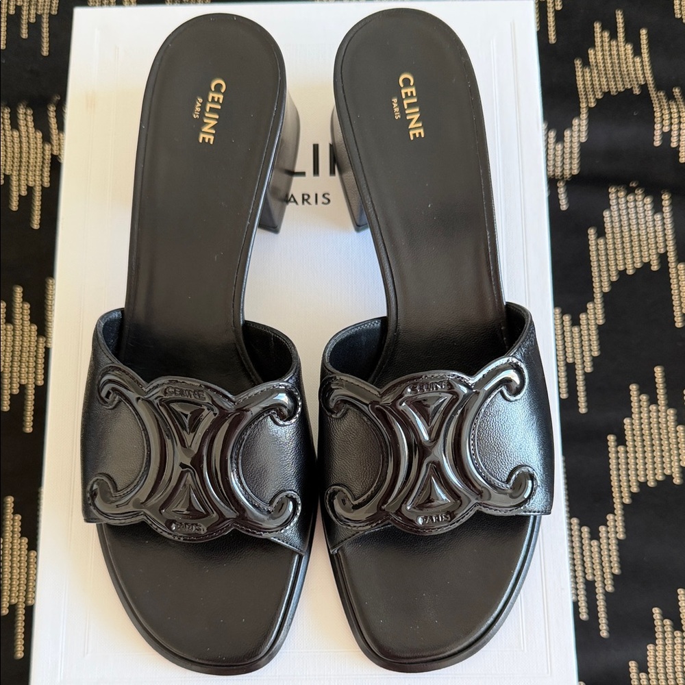 Celine Black Leather Mules with Logo Detail